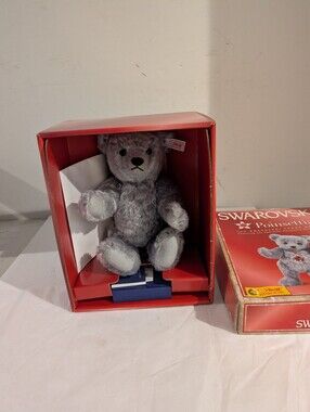 Swarovski Poinsettia Steiff 10" Silver Mohair Teddy Bear With Crystal Ornament